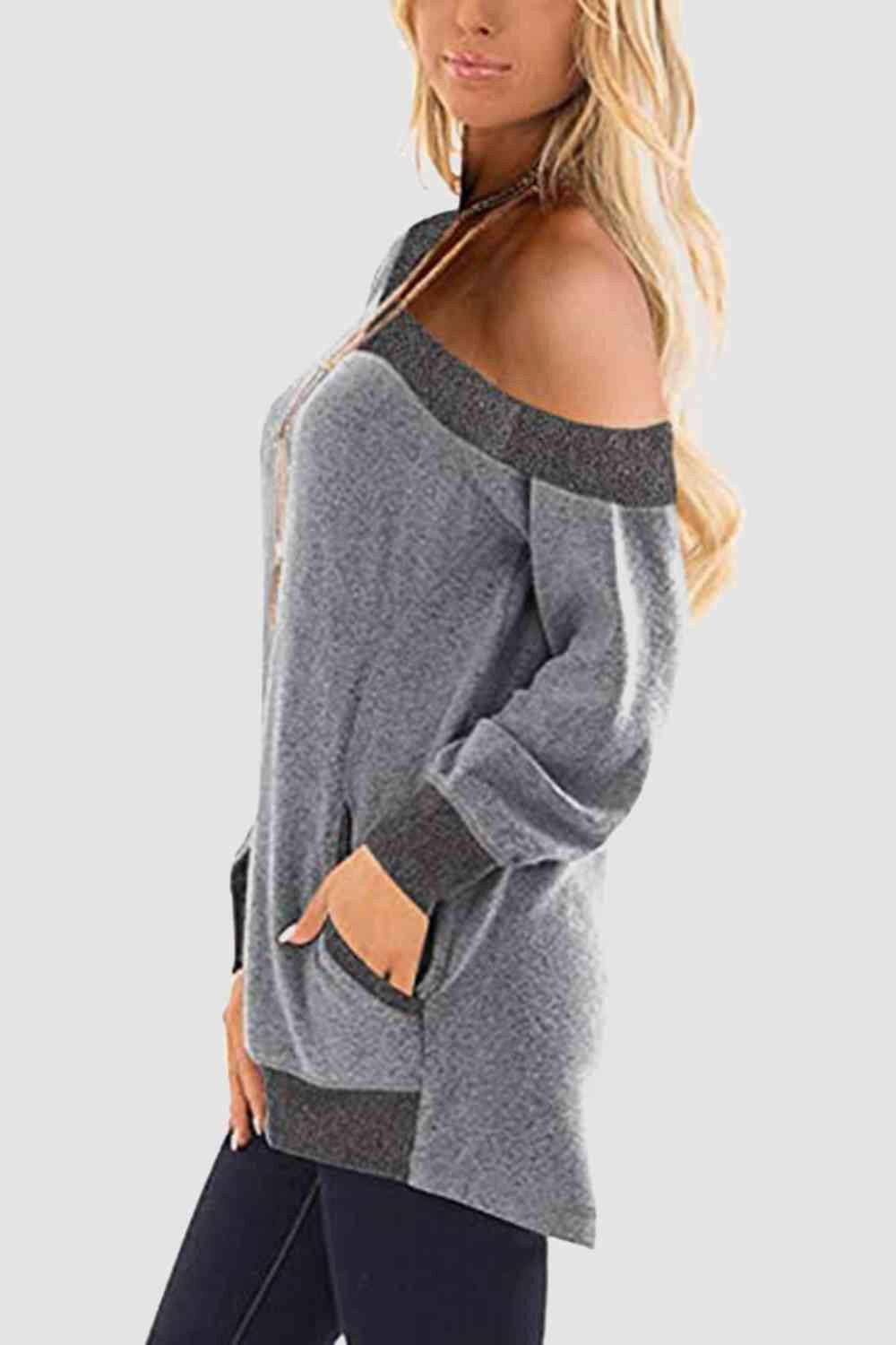 V-Neck Long Sleeve Sweatshirt with Pockets - Carri's Cache