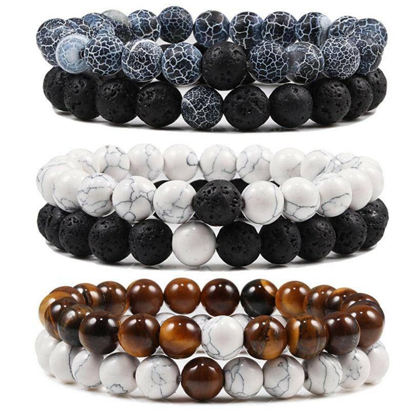 2/PC Set Bracelet Lava Stone Tiger Eye Beaded - Carri's Cache