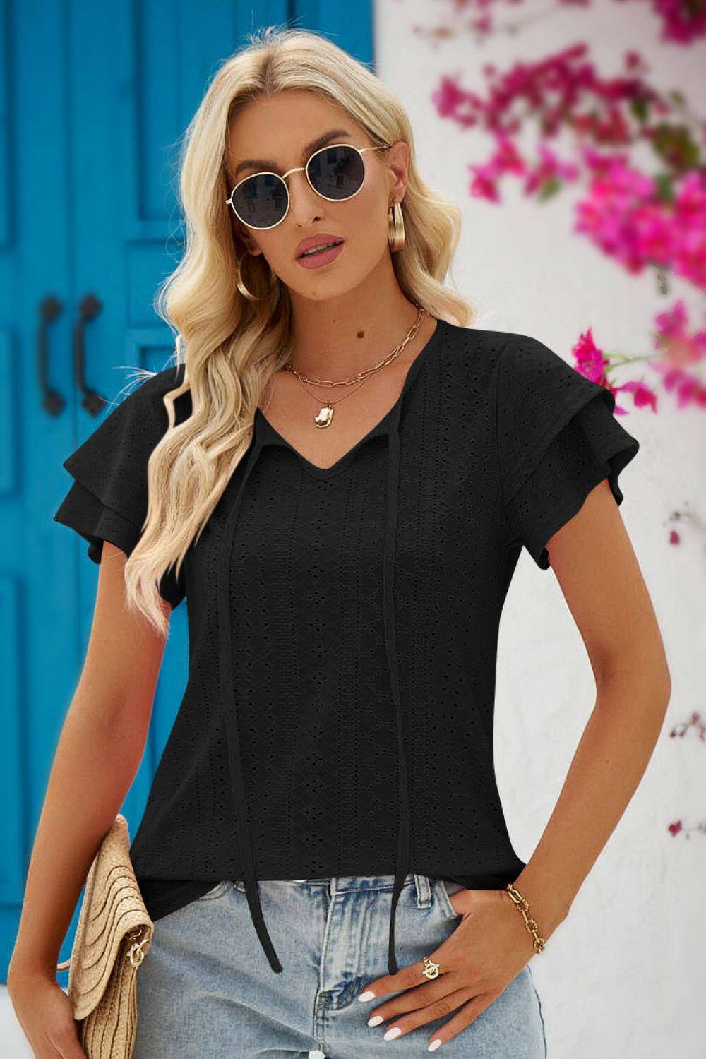 Eyelet Tie-Neck Flutter Sleeve Blouse.