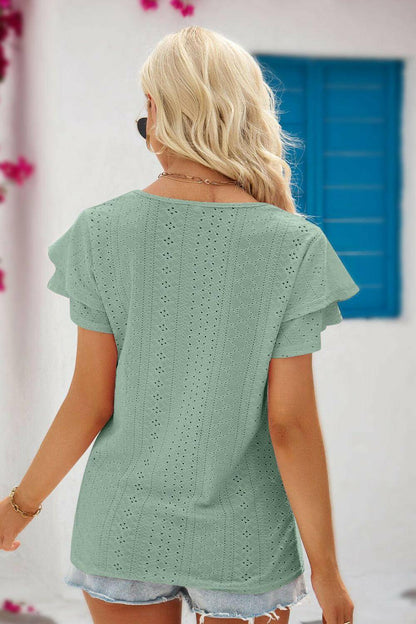 Eyelet Tie-Neck Flutter Sleeve Blouse.