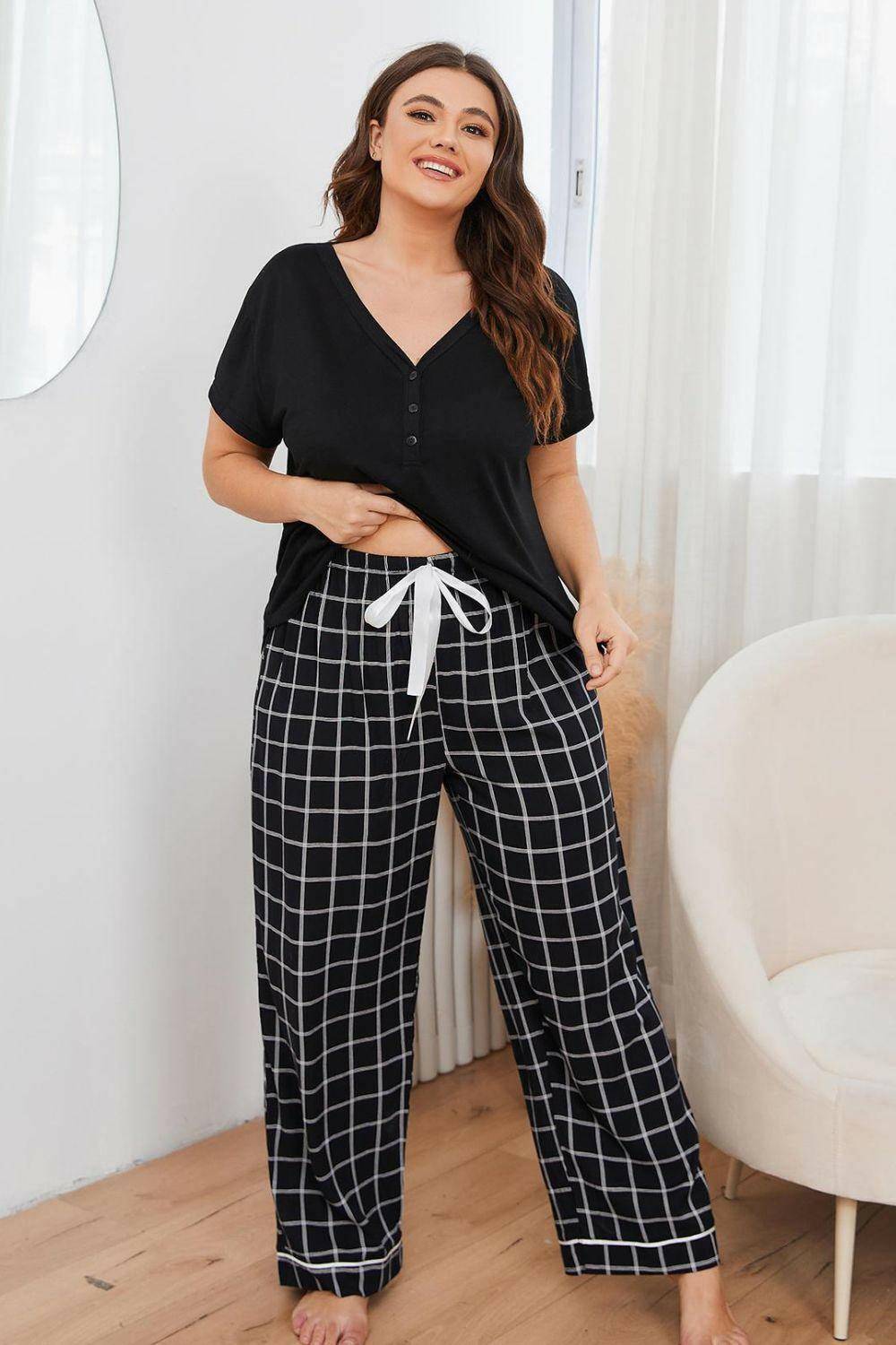 Plus Size V-Neck Top and Plaid Pants Lounge Set - Carri's Cache