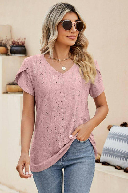 Eyelet Petal Sleeve V-Neck Knit Top.