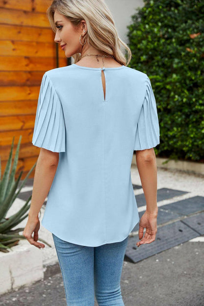 Pleated Flutter Sleeve Round Neck Blouse - Carri's Cache