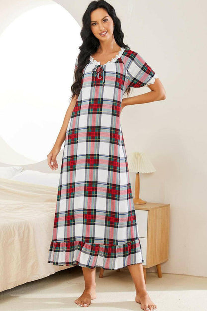 Plaid Lace Trim Ruffle Hem Night Dress.