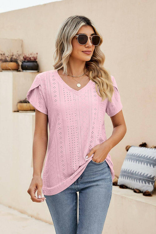 Eyelet Petal Sleeve V-Neck Knit Top.