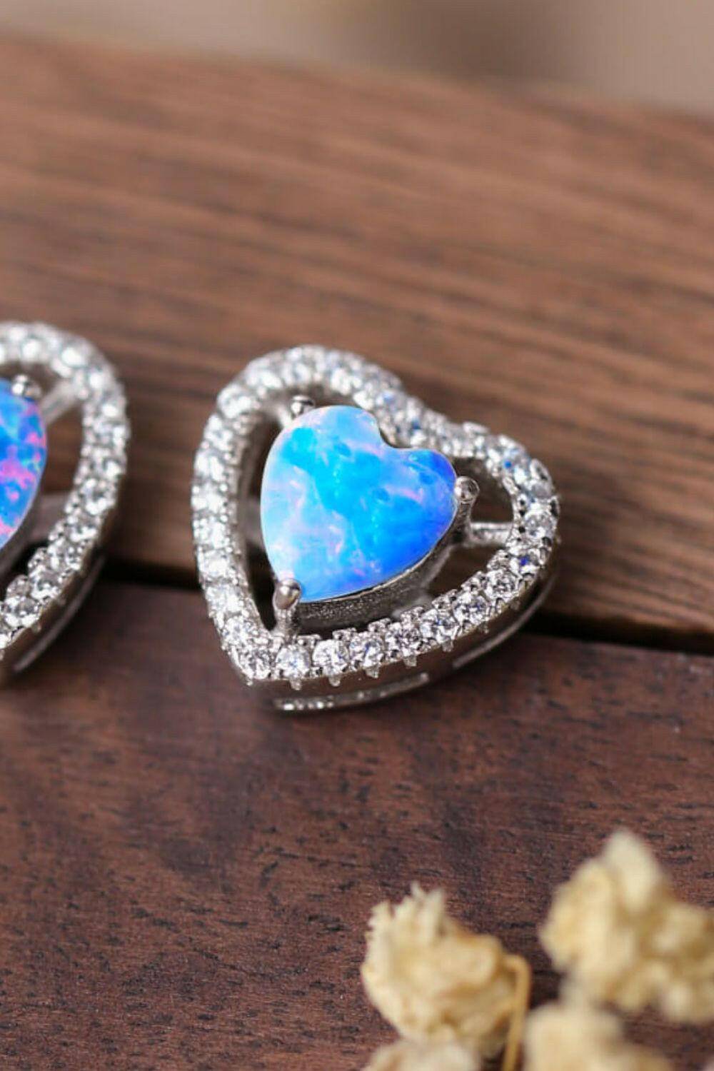 925 Sterling Silver Opal Heart Stud Earrings.