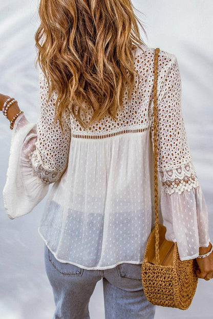 Eyelet Tassel Tie Flare Sleeve Blouse.