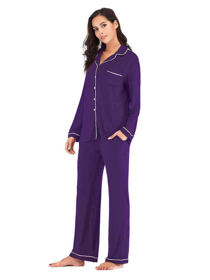 Collared Neck Long Sleeve Loungewear Set with Pockets - Carri's Cache