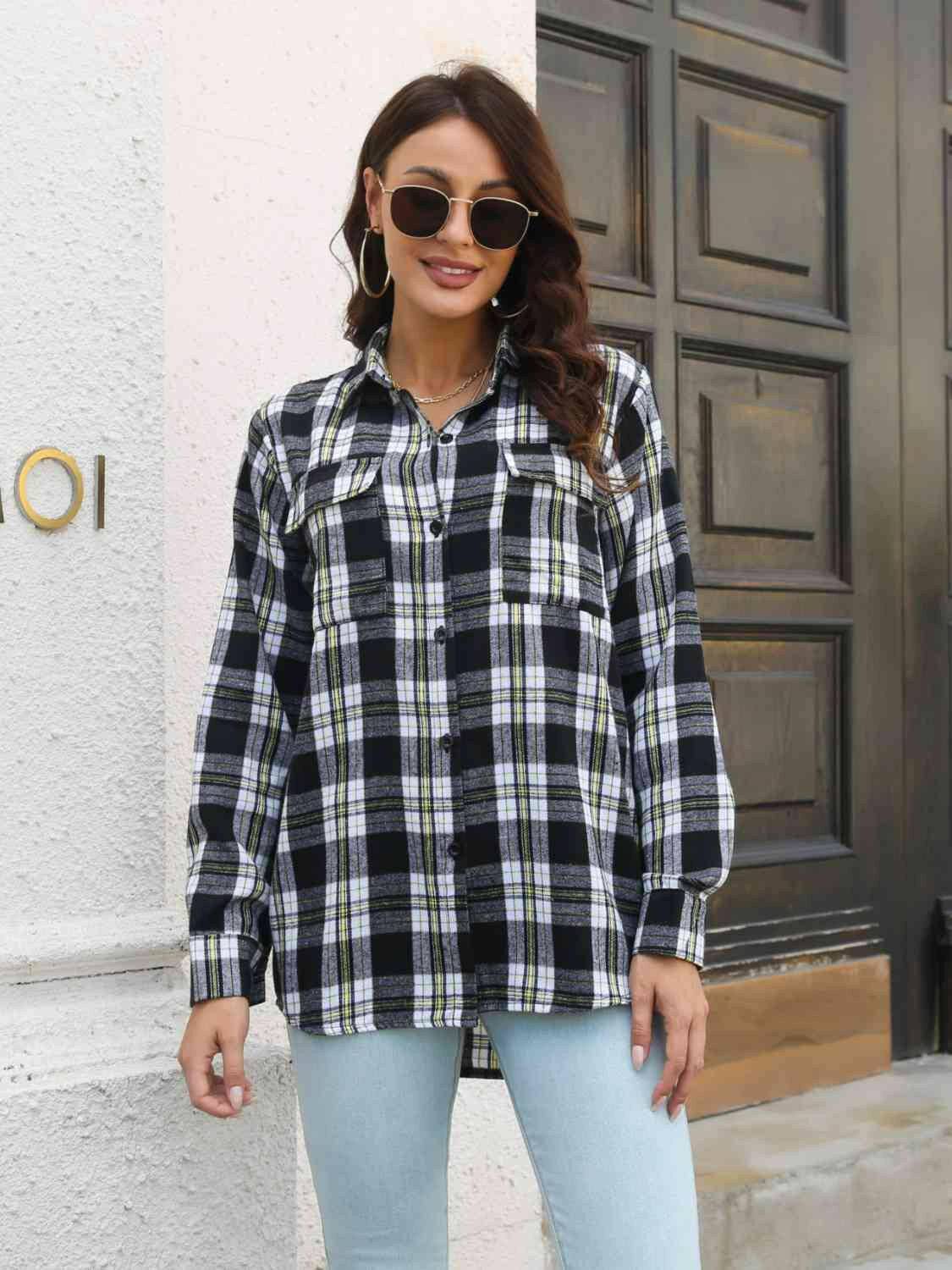 Plaid Collared Neck Buttoned Shirt with Pockets - Carri's Cache