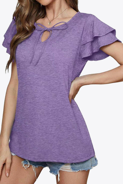 Tie-Neck Layered Flutter Sleeve Blouse.