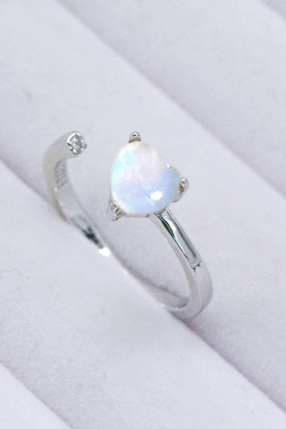 Inlaid Moonstone Heart Adjustable Open Ring.