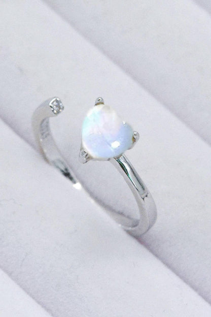 Inlaid Moonstone Heart Adjustable Open Ring.