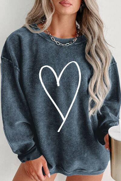 Plus Size Heart Ribbed Round Neck Sweatshirt - Carri's Cache