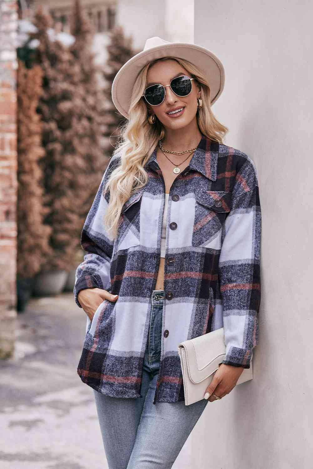 Plaid Long Sleeve Shirt Jacket with Pockets - Carri's Cache