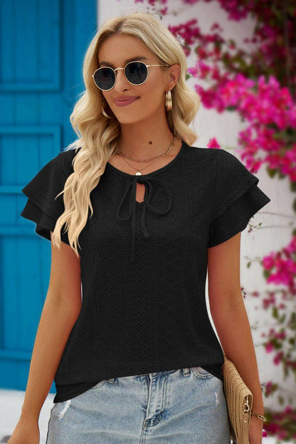 Eyelet Tie-Neck Flutter Sleeve Blouse.