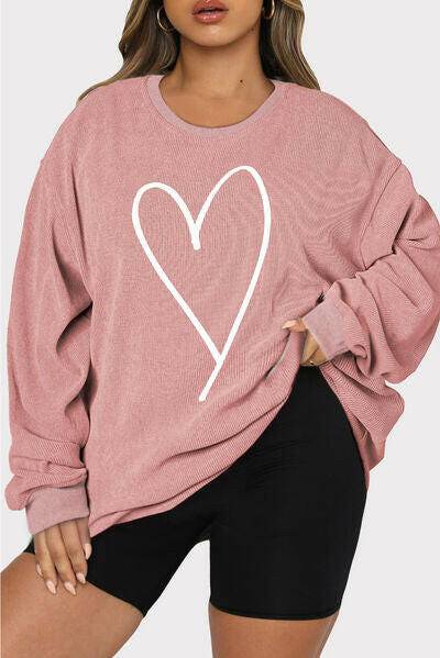 Plus Size Heart Ribbed Round Neck Sweatshirt - Carri's Cache