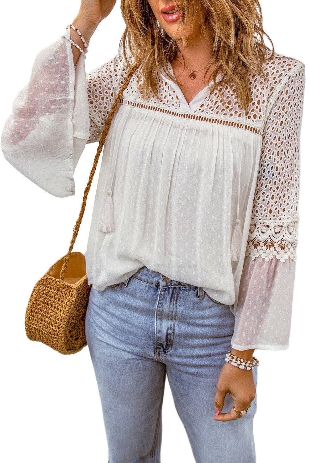 Eyelet Tassel Tie Flare Sleeve Blouse.