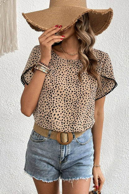 Printed Pom Pom Detail Petal Sleeve Round Neck Blouse.