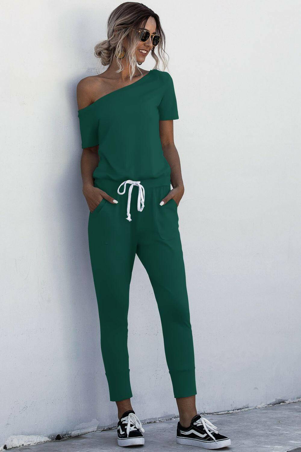 Asymmetrical Neck Tied Jumpsuit with Pockets.