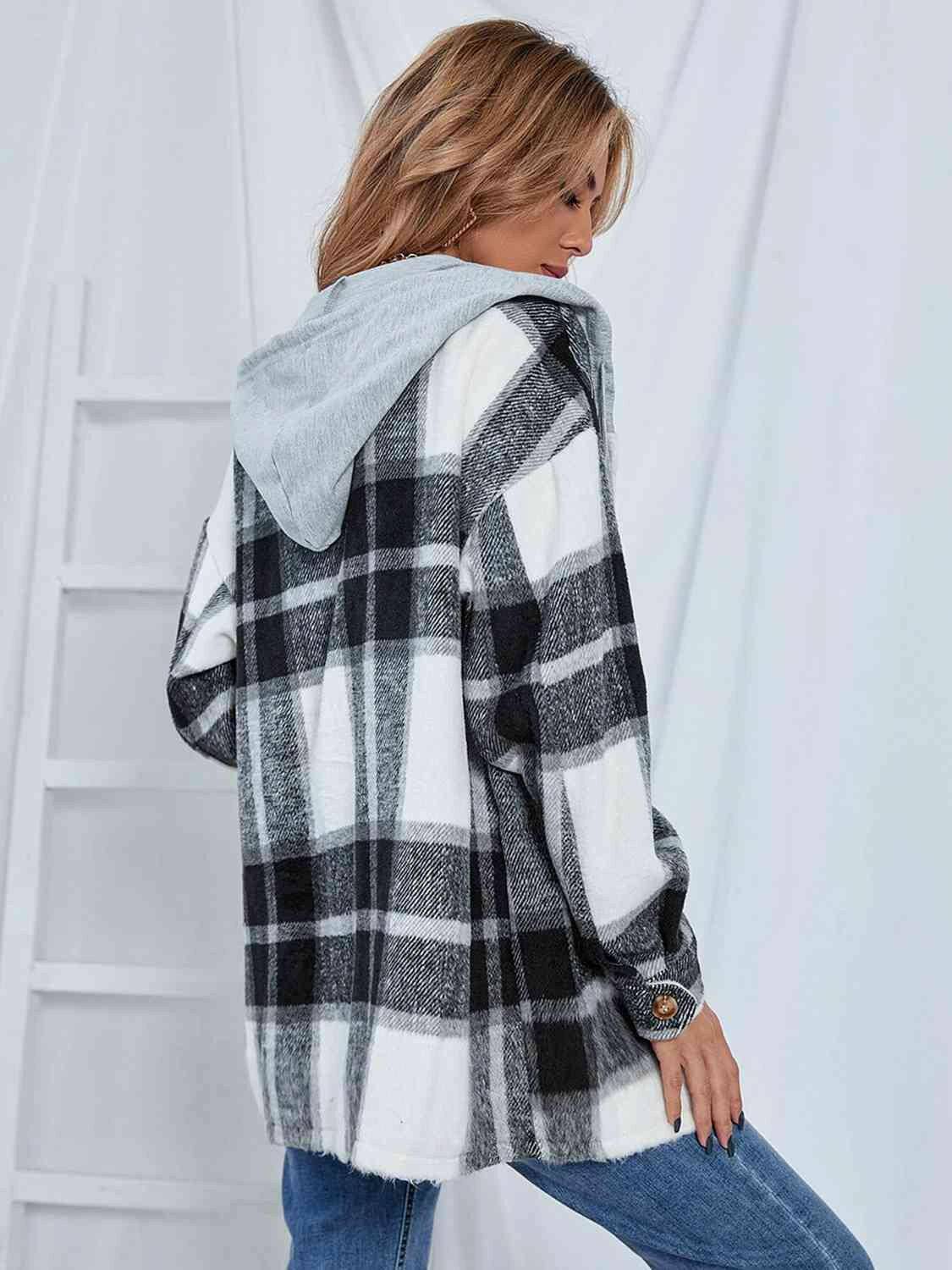 Plaid Hooded Jacket with Pockets - Carri's Cache