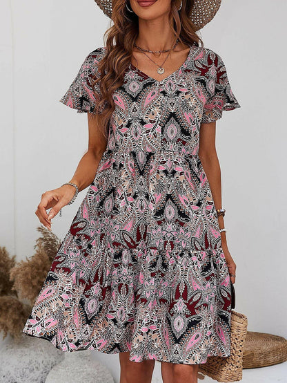 Printed V-Neck Tiered Dress.