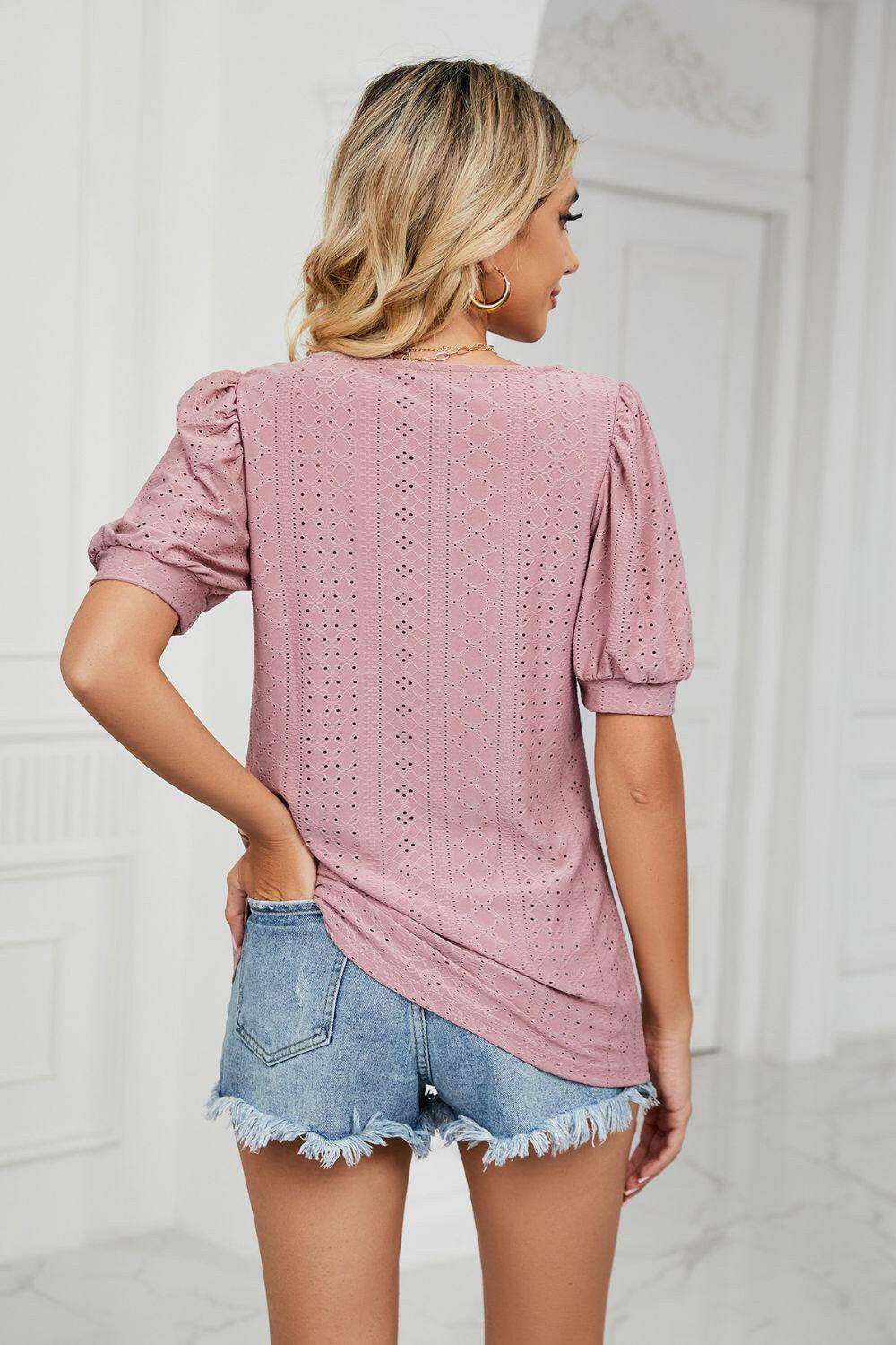 Eyelet Puff Sleeve Round Neck Top.