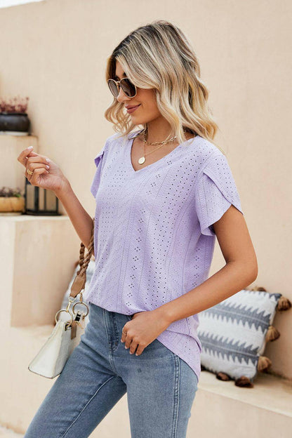 Eyelet Petal Sleeve V-Neck Knit Top.