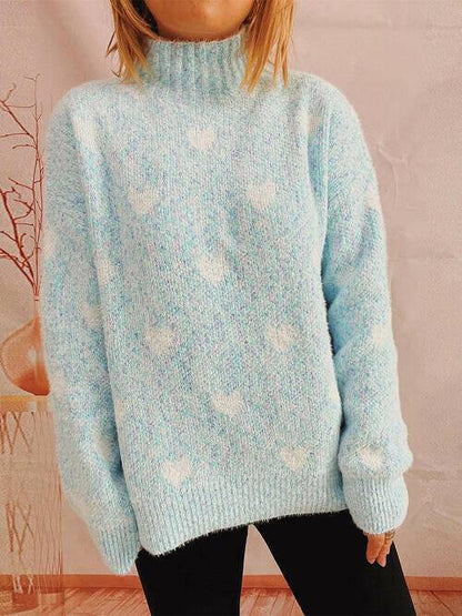 Heart Heathered Turtleneck Drop Shoulder Sweater - Carri's Cache