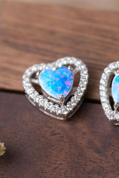 925 Sterling Silver Opal Heart Stud Earrings.