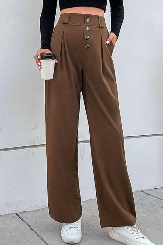 Button-Fly Pleated Waist Wide Leg Pants with Pockets - Carri's Cache