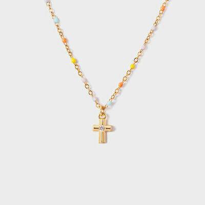 Inlaid Zircon 18K Gold-Plated Cross Bead Necklace - Carri's Cache