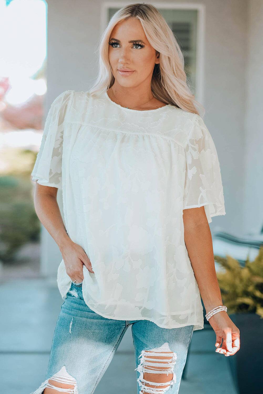 Round Neck Puff Sleeve Blouse - Carri's Cache