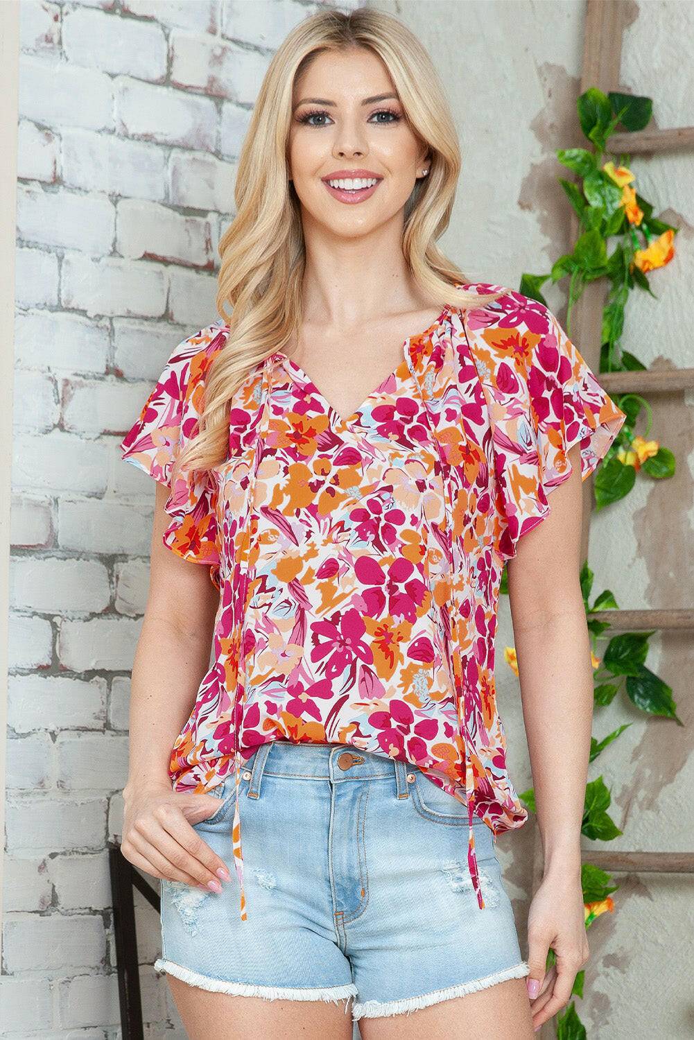 Floral Tie Neck Flutter Sleeve Blouse - Carri's Cache