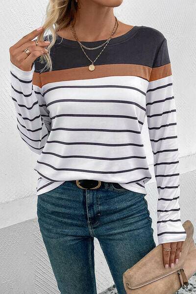 Striped Round Neck Long Sleeve T-Shirt - Carri's Cache