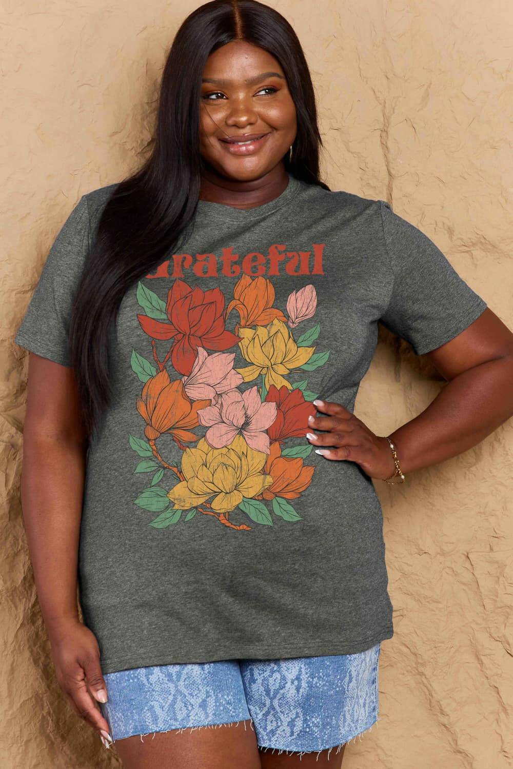 Simply Love Full Size GRATEFUL Flower Graphic Cotton T-Shirt - Carri's Cache