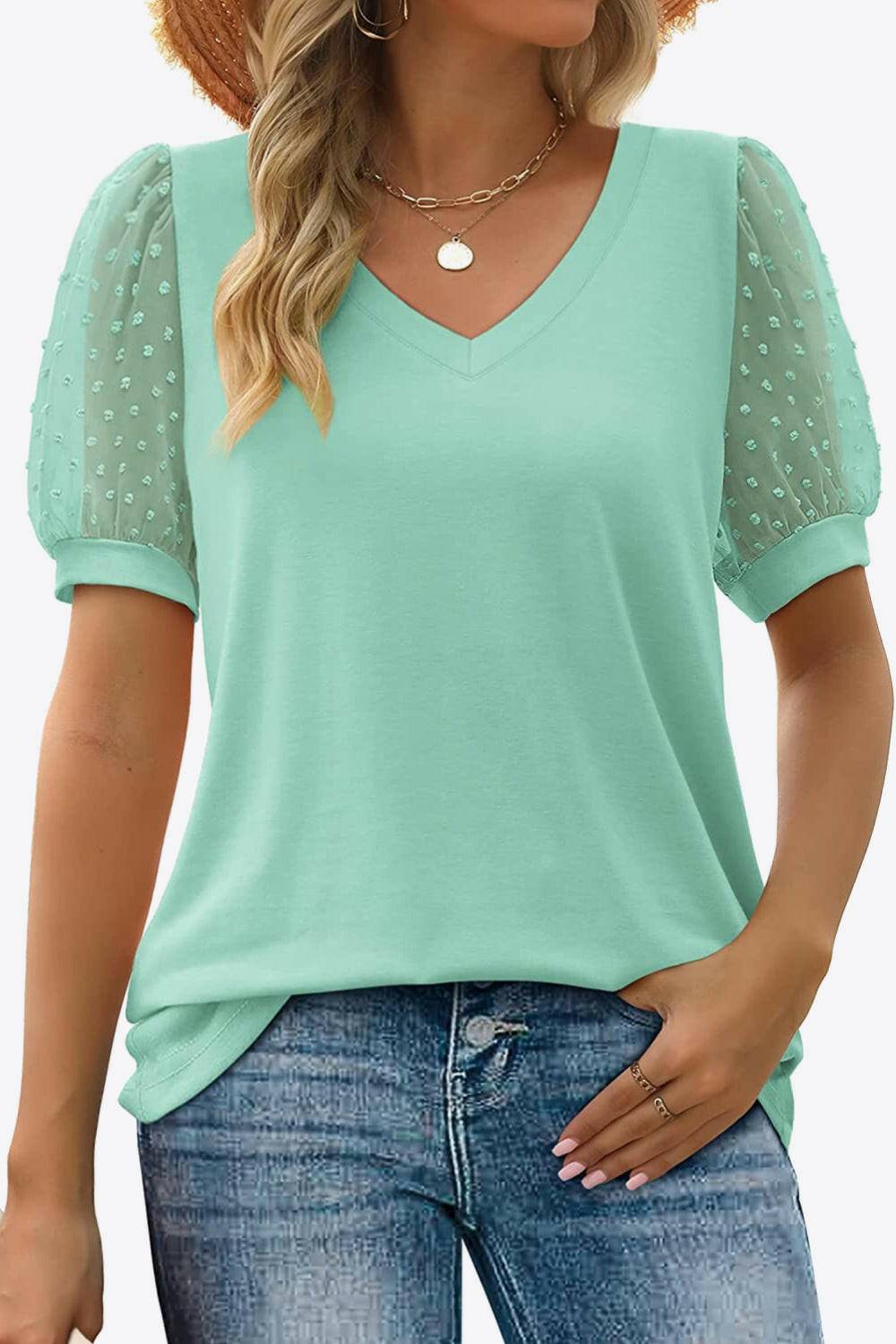 Swiss Dot Puff Sleeve V-Neck Tee - Carri's Cache