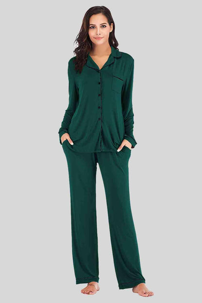 Collared Neck Long Sleeve Loungewear Set with Pockets - Carri's Cache