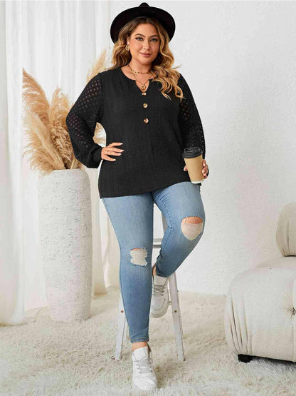 Plus Size Openwork Notched Button Front Blouse - Carri's Cache