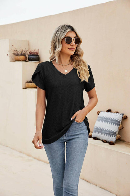 Eyelet Petal Sleeve V-Neck Knit Top.