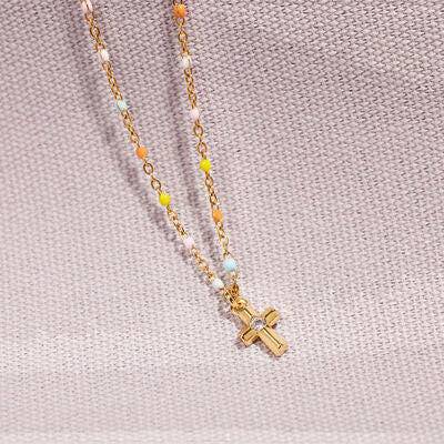 Inlaid Zircon 18K Gold-Plated Cross Bead Necklace - Carri's Cache