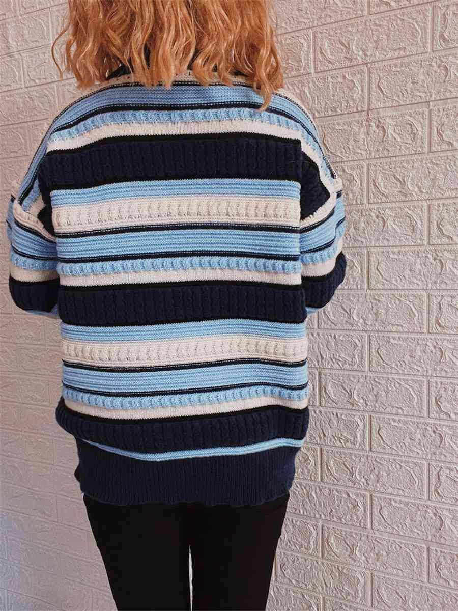 Striped Drop Shoulder Round Neck Sweater - Carri's Cache