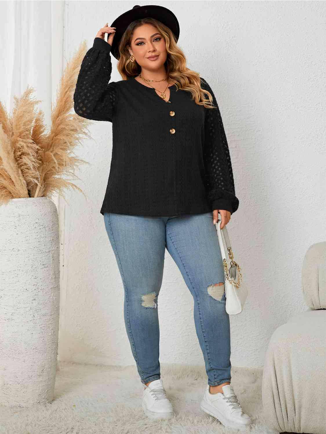 Plus Size Openwork Notched Button Front Blouse - Carri's Cache