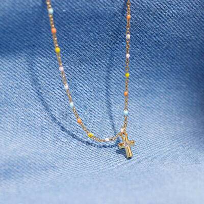 Inlaid Zircon 18K Gold-Plated Cross Bead Necklace - Carri's Cache