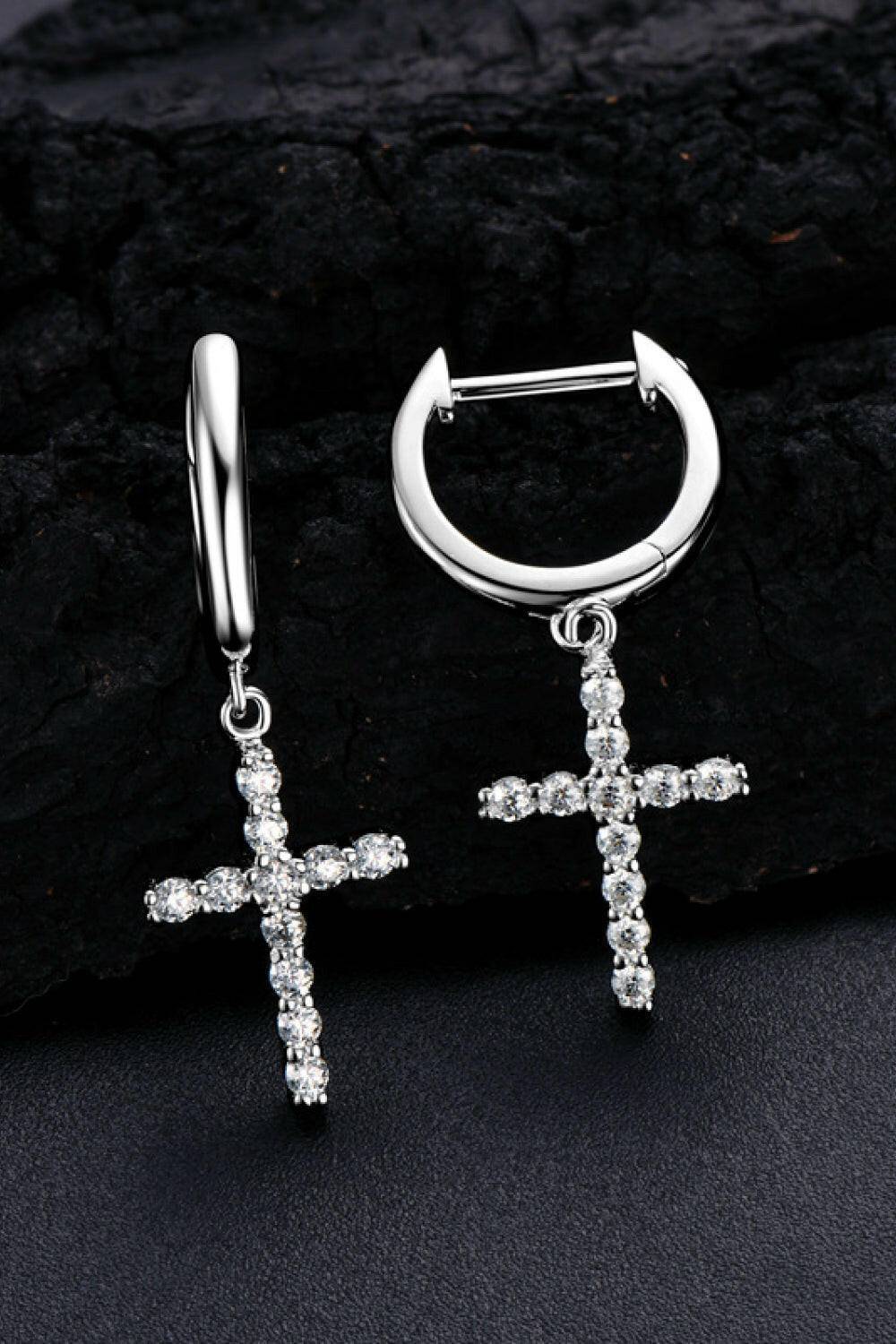 925 Sterling Silver Moissanite Cross Earrings.