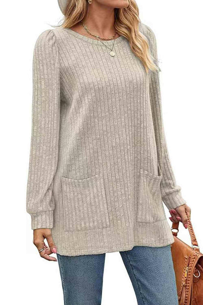 Ribbed Round Neck Long Sleeve T-Shirt - Carri's Cache