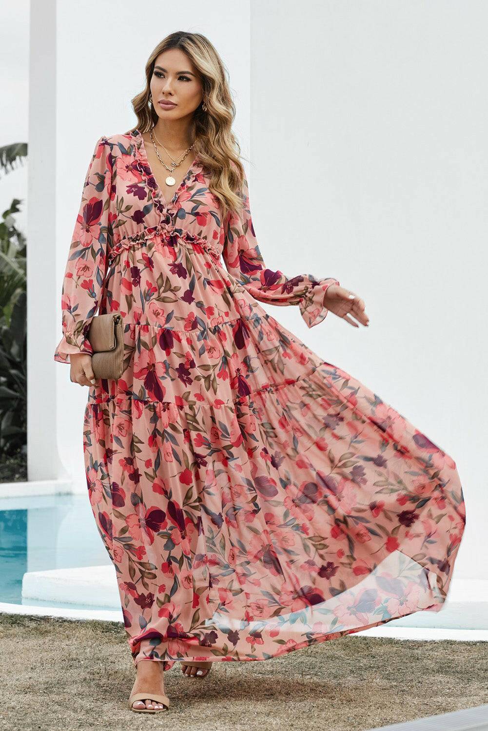 Floral Frill Trim Maxi Dress.