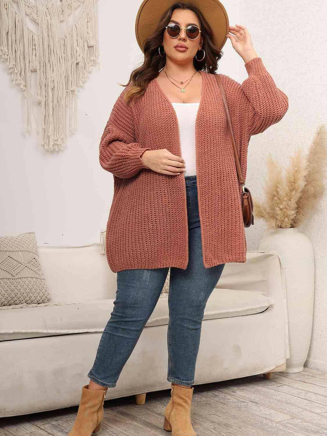 Plus Size Open Front Dropped Shoulder Knit Cardigan - Carri's Cache