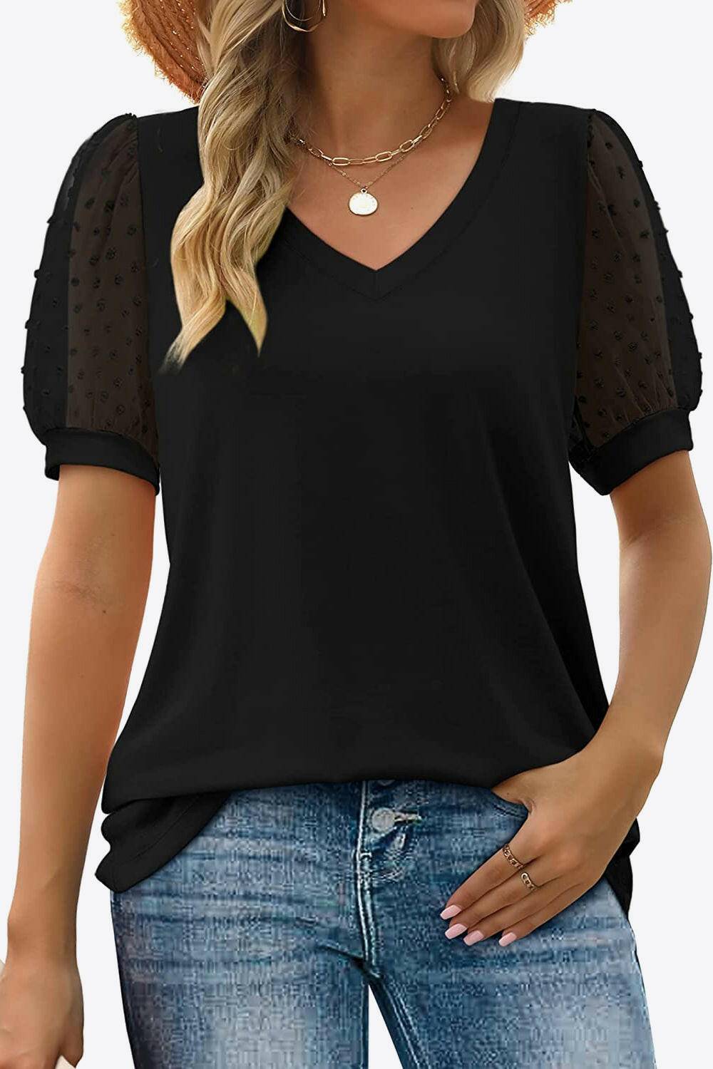 Swiss Dot Puff Sleeve V-Neck Tee - Carri's Cache