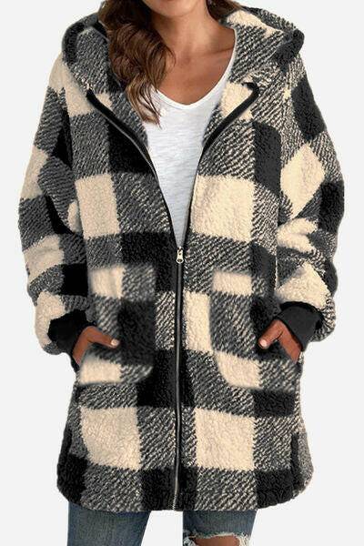 Double Take Full Size Plaid Long Sleeve Hooded Coat - Carri's Cache