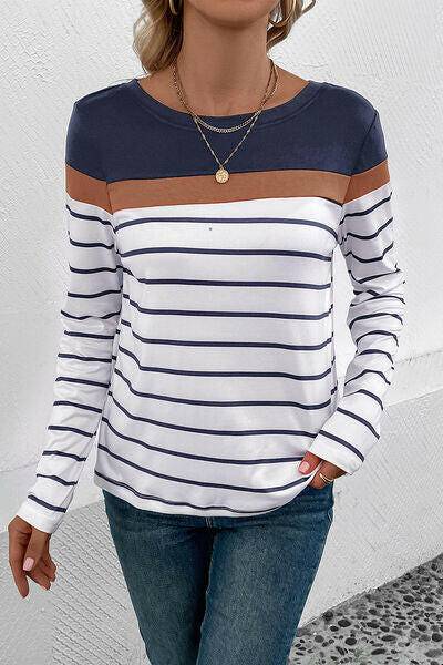 Striped Round Neck Long Sleeve T-Shirt - Carri's Cache